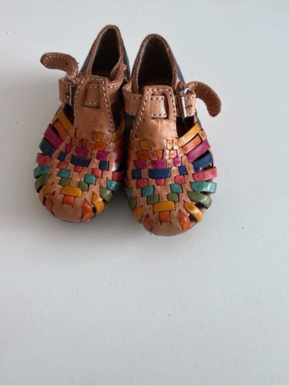 Kids Tan Leather Woven Sandals with Colorful Accents 2